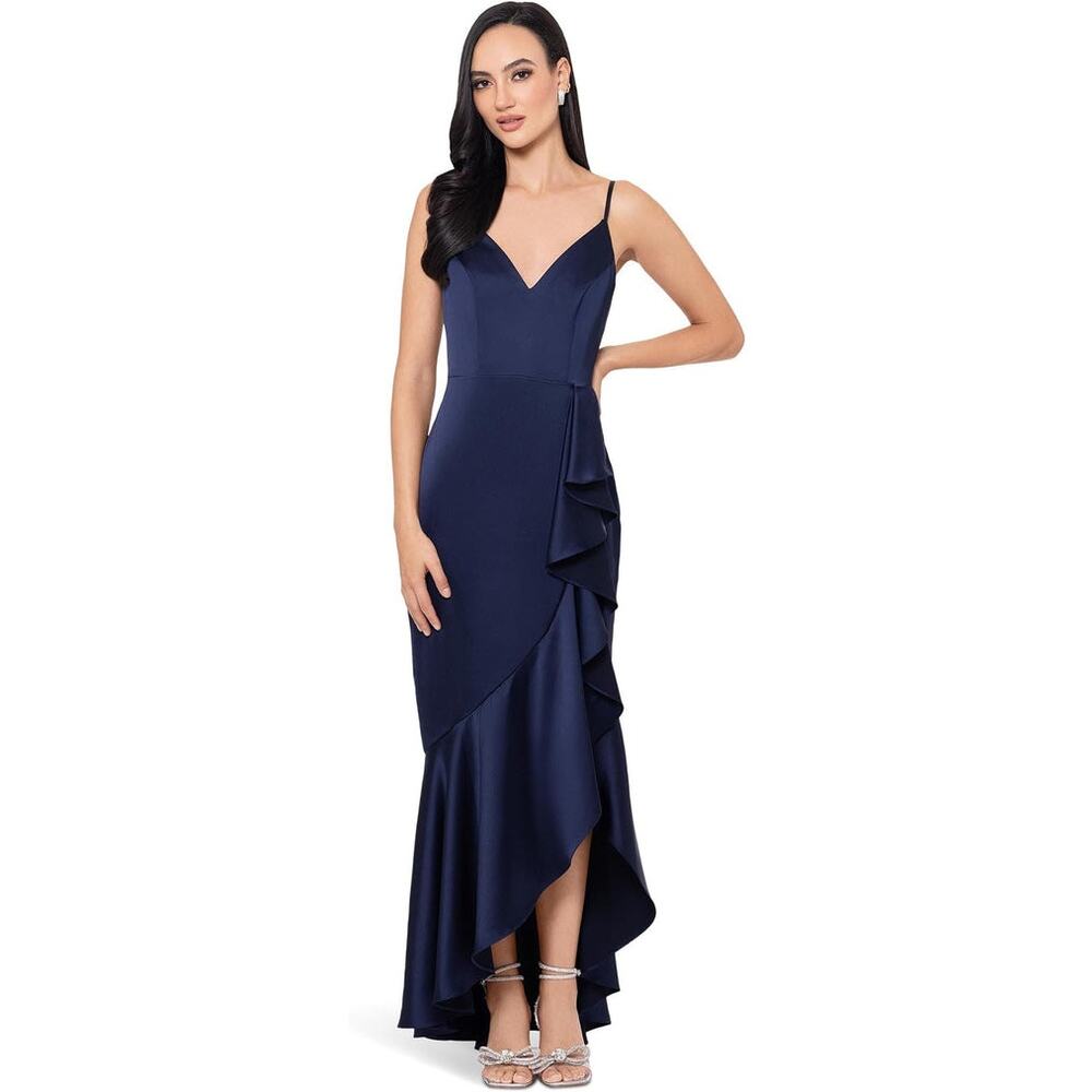 XScape Satin Ruffle Gown Dress V-Neck Sleeveless Navy Blue Flawed Size 8 NWT